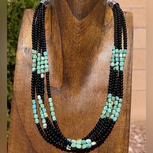 Sterling Silver Multi Strand Black Onyx Turquoise Bead Necklace. 22 Inch